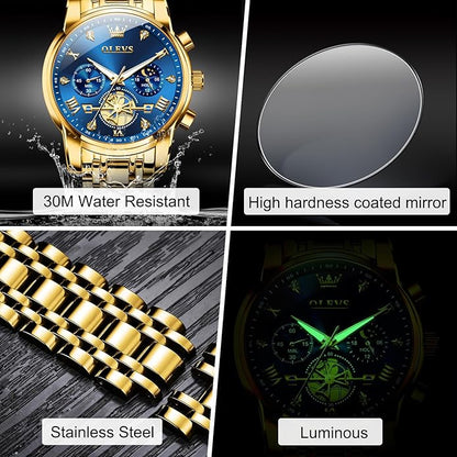 OLEVS Men Watches Stainless Steel Chronograph Watch, Large Wrist Analog Quartz Watch, Fashion Waterproof Diamond Roman Numerals Dress Watches for Men, Gold/Black/White/Blue/Grey Dial