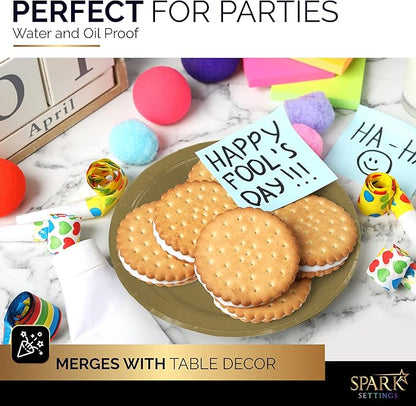Gold Paper Plates, 6 3/4 Inch Dessert Plates, Strong & Sturdy for Parties, Dinners, Holidays, Picnics & Travel - Pack of 50