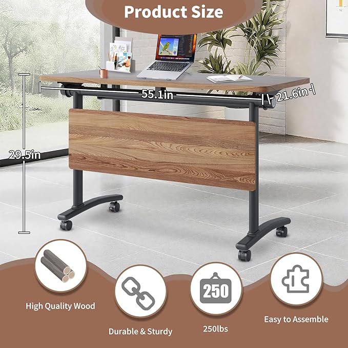 Conference Table Folding Conference Room Tables, Modern Mobile Meeting Training Table with Silent Wheels, Foldable Seminar Table for Offices, Classrooms, Libraries (4, Wood, 55.1in)