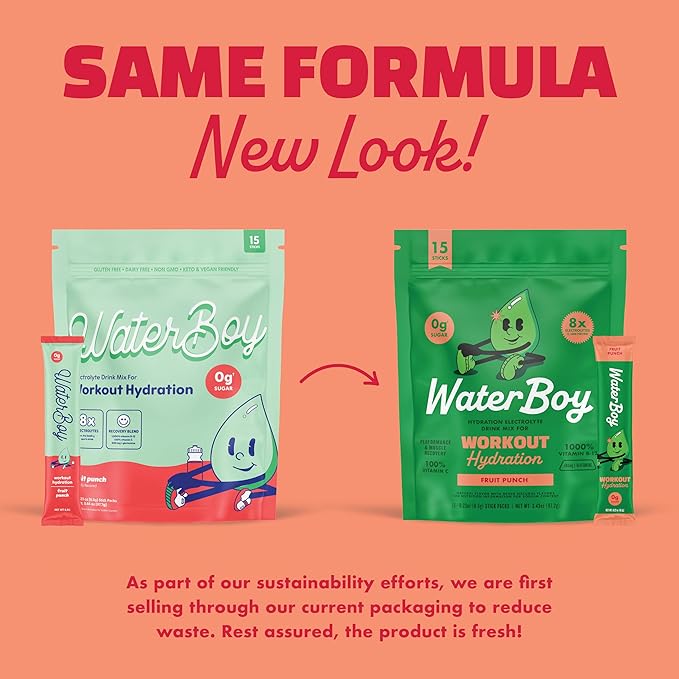 Waterboy Workout Hydration | 2,960mg Sugar Free Electrolyte Powder Packets | L-Glutamine + Vitamins | No Sugar, All Natural, Gluten Free | 15 Drink Stick Mixes (Fruit Punch)