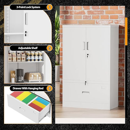 Greenvelly Metal Storage Cabinet,White Steel Lockable Lateral File Cabinet with Doors and Shelves for Home Office Hanging Files Letter/Legal/F4/A4 Size