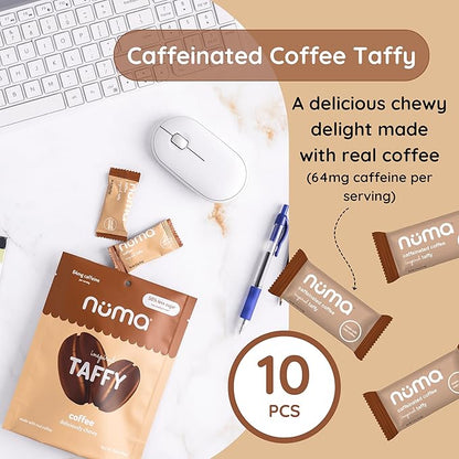 Numa Foods Coffee Chews - Caffeinated Taffy Candy, Low Sugar, High Protein, Low Calorie, All Natural & Gluten Free Candy with Caffeine - 3 Bags with 10 Coffee Candies Individually Wrapped