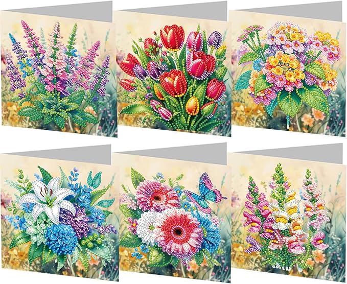 6PCS Diamond Art Painting Greeting Cards,Happy Birthday Cards with Envelopes,DIY Card Making Kits Thank You Card Arts Crafts for Birthday(Flower)