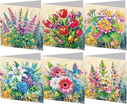6PCS Diamond Art Painting Greeting Cards,Happy Birthday Cards with Envelopes,DIY Card Making Kits Thank You Card Arts Crafts for Birthday(Flower)