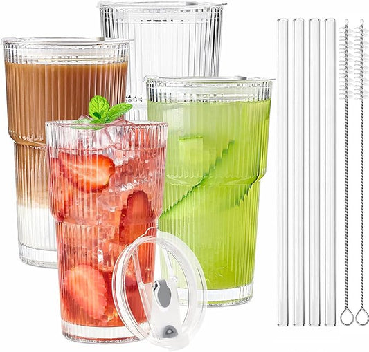 TUZAZO 20 Oz Glass Tumblers with Lids and Straws - 4 Pack Ribbed Glass Iced Coffee Cup with Straw and Lid, Thicken Glasses, Ideal for Smoothieds, Cocktails, and Juices