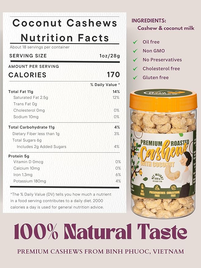 Gold Cashew Coconut Cashews - Snacks for Adults, Whole Nuts (No Mixed), Oil-Free, Healthy Foods, Natural flavor, Promote Healthy digestion, Great for On The Go Snacking, 17.64 oz (Pack of 1)
