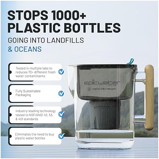 Epic Nano | Water Filter Pitchers for Drinking Water | 10 Cup | 150 Gallon Filter | Gravity Water Filter (Black & Bamboo)