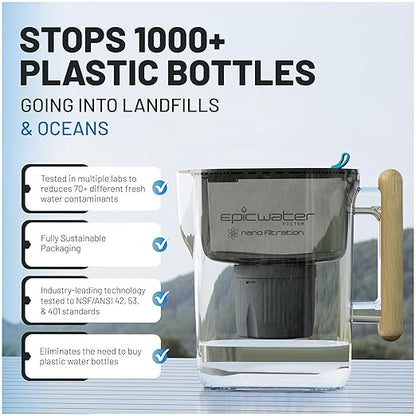 Epic Nano | Water Filter Pitchers for Drinking Water | 10 Cup | 150 Gallon Filter | Gravity Water Filter (Black & Bamboo)