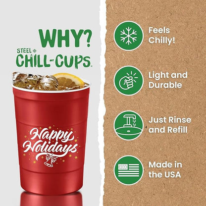 16 oz. Party Cups 'Happy Holidays' Christmas Tree Design for Cold Drinks, Durable, Disposable, Recyclable, Made in USA, Red, 12 Count