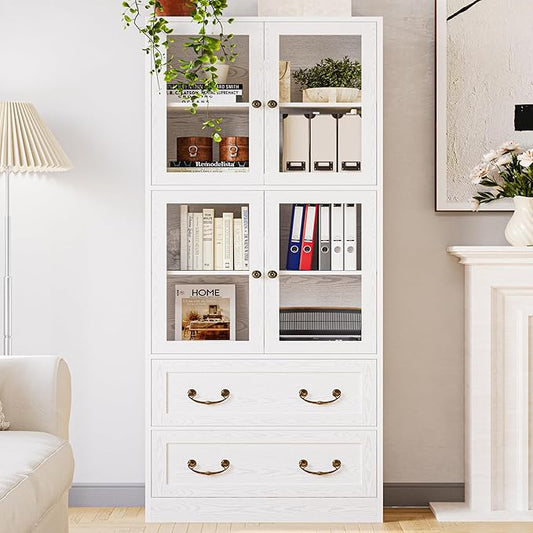 IRONCK Bookcases and Bookshelves with Doors, 79.1" Tall Bookshelf with 2 Drawers, 4-Tier Shelf with Acrylic Doors, Large Storage Cabinet for Home Office, Living Room, Kitchen