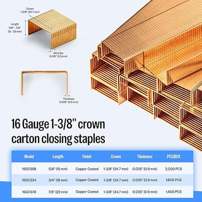 meite Carton Closing Staples 16 Gauge 1-3/8" Wide Crown Copper-Coated Box Staples for Pneumatic or Manual Staple Gun Cardboard Packaging, 3/4" Length, 16000PCS