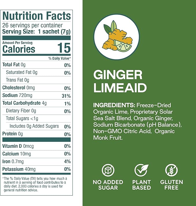 Organic Ginger LimeAid Hydration Powder Packets with Solar Sea Salts & Organic Freeze-Dried Fruit for Instant Hydration, No Added Sugar Electrolytes, 26 Packets