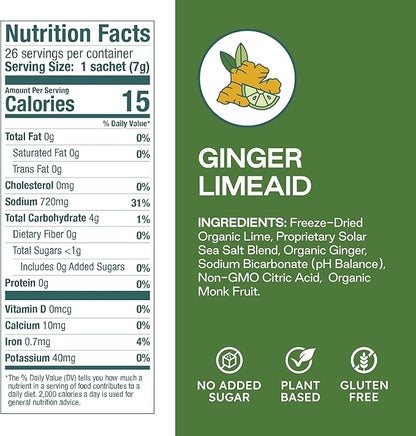 Organic Ginger LimeAid Hydration Powder Packets with Solar Sea Salts & Organic Freeze-Dried Fruit for Instant Hydration, No Added Sugar Electrolytes, 26 Packets