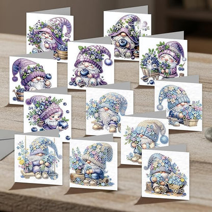 jinglinhh 12pcs Diamond Art Painting Lavender Blueberry Gnome Greeting Cards with Envelopes, DIY Card Making Kits for Adults, Diamond Art Postcards Christmas Cards Craft Gifts