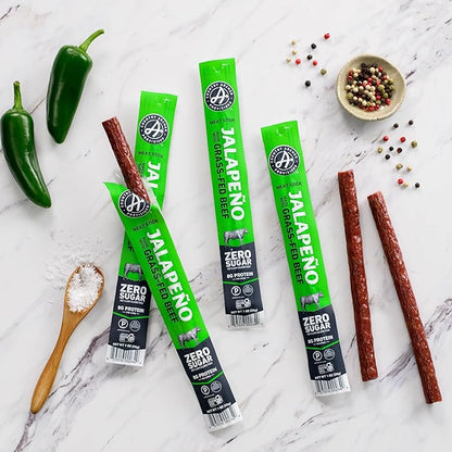 Country Archer Beef Jerky Sticks Jalapeno - Grass Fed Beef Sticks Individually Wrapped, Beef Sticks Bulk, Beef Jerky Snack Packs, Gluten Free, Paleo, Keto, Sugar Free - 1 oz Meat Sticks (Pack of 18)