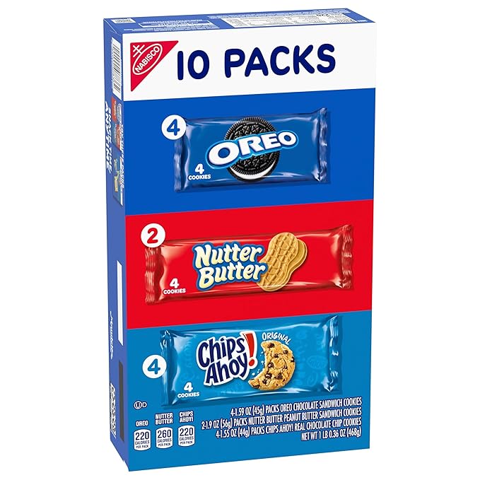 Nabisco Cookies Variety Pack, OREO, Nutter Butter, CHIPS AHOY!, 40 Snack Packs (4 Cookies Per Pack, 4 Boxes)