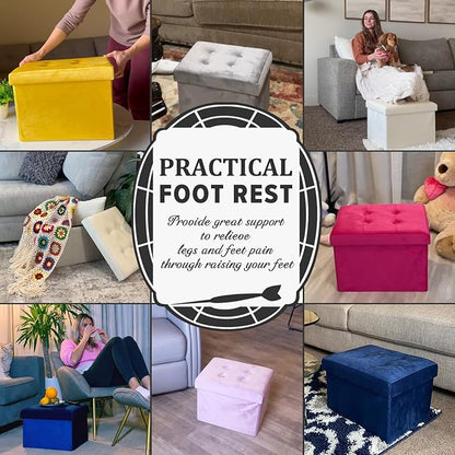 LINMAGCO Storage Ottoman Folding Foot Stool Velvet Footrest with Padded Modern Ottoman with Storage for Living Room Puppy Step Stool 17x13x13in(Jelly Pink)