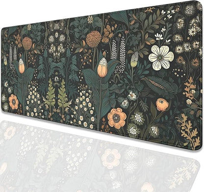 Dark Cottagecore Mouse Pad Floral Desk Pad,Botanical Mousepad, Vintage Desk Mat,Wildflower Mousepad with Stitched Edges Non-Slip Waterproof Rubber Base Mouse Mat for Office Work Home(27.5X11.8 in)