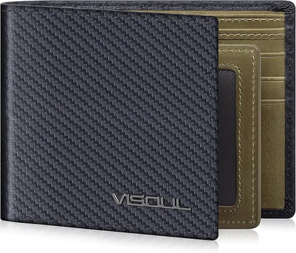 VISOUL Leather Mens Bifold RFID Blocking Wallet with 2 ID Windows, Leather Wallet for Men (Carbon Fiber, Black+Green)