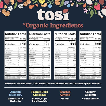Tosi Variety Pack Protein Bars, Plant Based with Nuts, Gluten-Free Crunchy Snacks, Vegan, Organic, Flax & Chia Seeds, Soy-Free, Omega 3s, 5G-20G Protein, 1 oz and 2.4 oz, 8-Pack