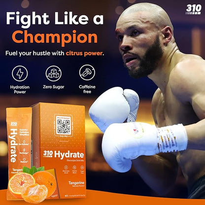 310 Nutrition Sugar Free Electrolytes Powder - Instant Hydration Packets Chris Eubank Jr. Edition - Caffeine-Free Rehydration Drink Mix w/Vitamin, Low Calorie & Keto Friendly - Tangerine 15 Singles