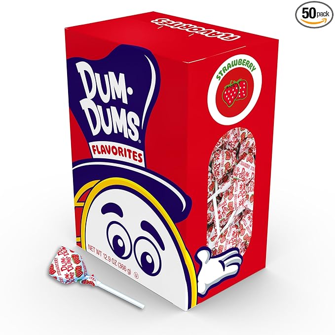 Dum Dums Strawberry Lollipops - Bulk Candy Box with Lollipops Individually Wrapped, Single Flavor Gourmet Suckers - 50 Count