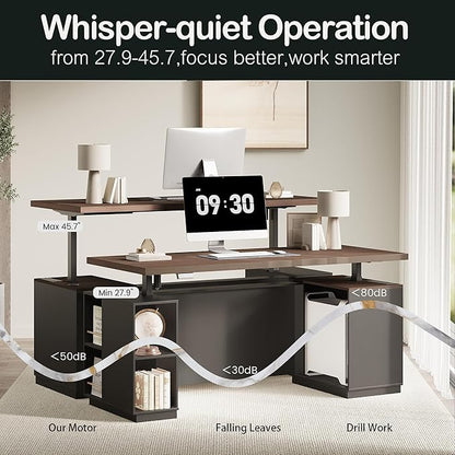 71" Standing Desk with 2 File Cabinet, AC/USB, 1.18" Desktop, L Shaped Height Adjustable Desk, Electric Furniture Set with Multiple Functions for Home and Office, Black Walnut