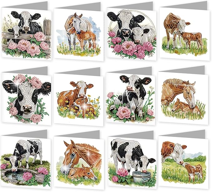 jinglinhh 12pcs Diamond Art Painting Flower Fence Cows Horses Greeting Cards with Envelopes, DIY Card Making Kits for Adults, Diamond Art Christmas Cards for Birthday Holiday Postcards Craft Gifts