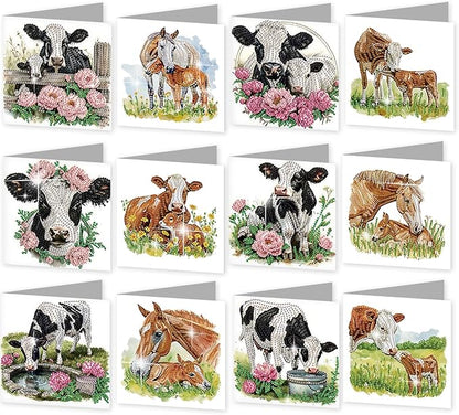 jinglinhh 12pcs Diamond Art Painting Flower Fence Cows Horses Greeting Cards with Envelopes, DIY Card Making Kits for Adults, Diamond Art Christmas Cards for Birthday Holiday Postcards Craft Gifts