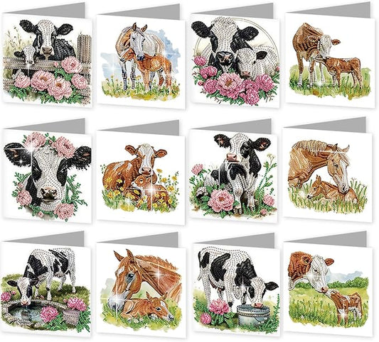 jinglinhh 12pcs Diamond Art Painting Flower Fence Cows Horses Greeting Cards with Envelopes, DIY Card Making Kits for Adults, Diamond Art Christmas Cards for Birthday Holiday Postcards Craft Gifts
