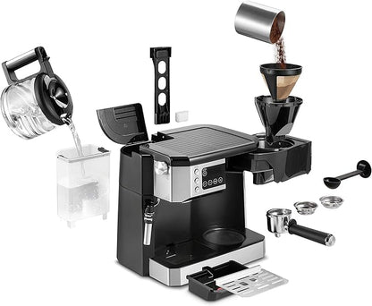 De'Longhi All-in-One Combination Coffee Maker & Espresso Machine + Advanced Adjustable Milk Frother for Cappuccino & Latte + Glass Coffee Pot 10-Cup, COM532M black