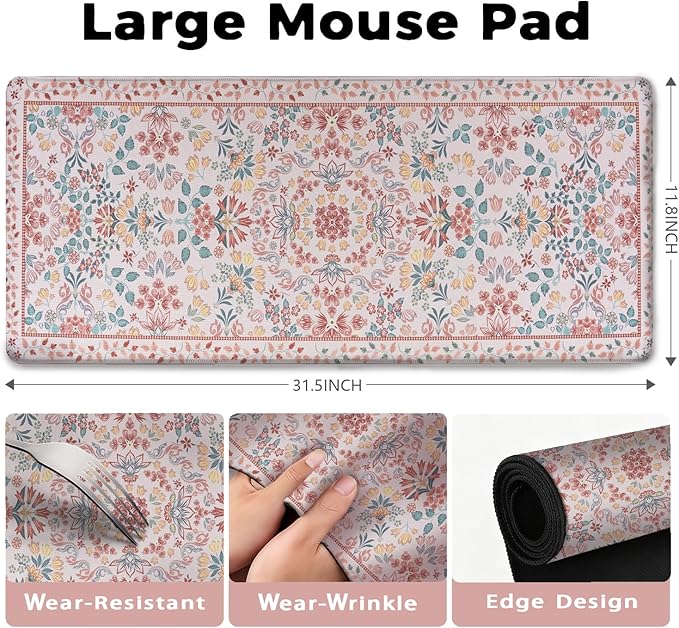 Pink Floral Patterns Desk Mat, Large Gaming Mouse Pad Non-Slip Rubber Base with Stitched Edges, Waterproof Protection for PC Laptop Home Office Desk Decor (31.5x11.8in)