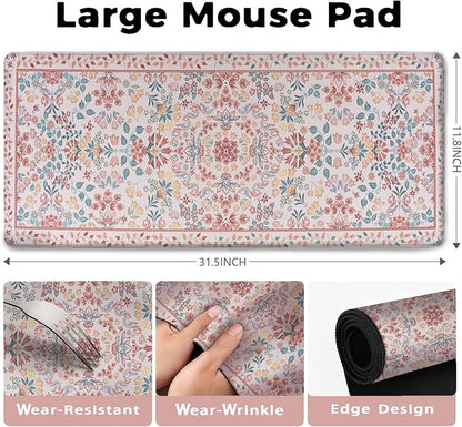Pink Floral Patterns Desk Mat, Large Gaming Mouse Pad Non-Slip Rubber Base with Stitched Edges, Waterproof Protection for PC Laptop Home Office Desk Decor (31.5x11.8in)