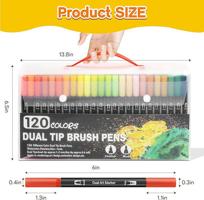 Art Markers Pens Brush Tip - 120 Color Dual Brush Pen and Fine Tip Marker for Coloring Drawing Journaling Lettering - Markers for Adults Kids Coloring Books No Bleeding Art Supplies Set