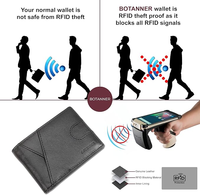 Genuine Leather Mens Bifold Wallet RFID Blocking 7 Credit Card Slots 1 ID Window 1 Section for Bills 2 Additional Slots | Jet black