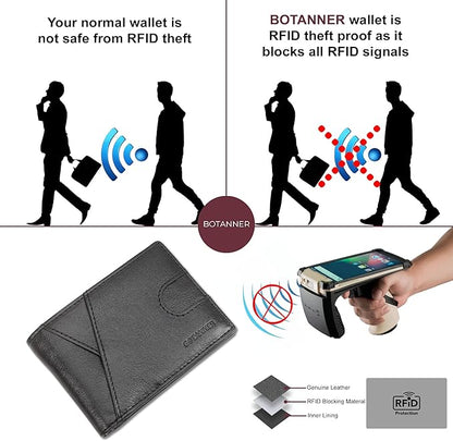 Genuine Leather Mens Bifold Wallet RFID Blocking 7 Credit Card Slots 1 ID Window 1 Section for Bills 2 Additional Slots | Jet black