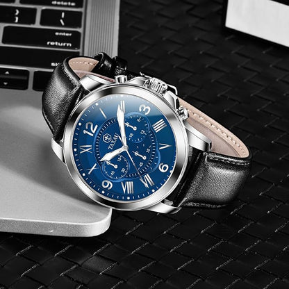 Mens Watches Luxury Dress Waterproof Leather Watch with Date Day Analog Quartz Large Number Wrist Watch Casual Classic Luminous Scales Big Face Easy Read Reloj para Hombre