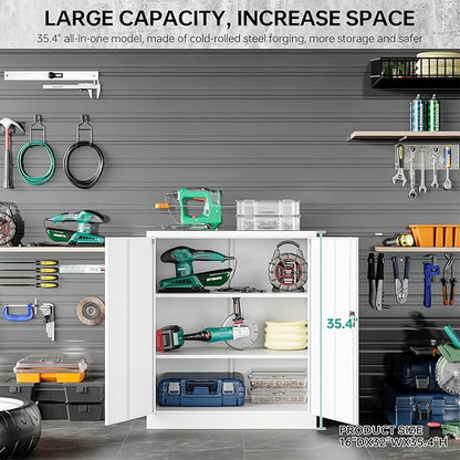 White Metal Storage Cabinet with Doors and Shelves,36 inch Small Metal Cabinet with Lock,Short Garage Storage Cabinets,Locking Steel Cupboard for Home,Office,Kitchen,Garages