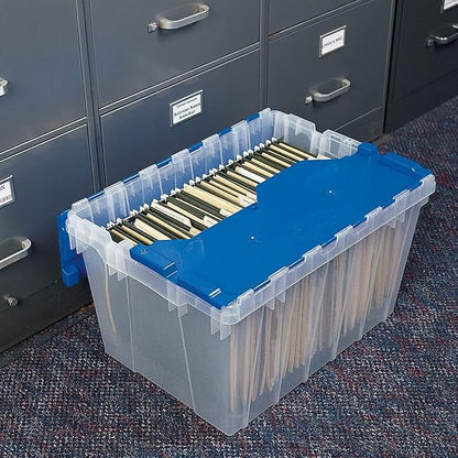 Akro-Mils KeepBox 12 Gallon Storage Container, Nesting and Stackable Plastic Storage Box with Lid Attached and Rails for Letter Size Hanging File Folders, 21" x 15" x 12", Clear/Blue, 6-Pack