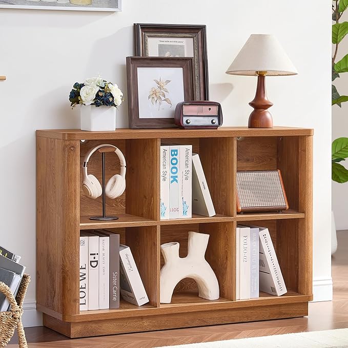 6 Cube Storage Book Shelf, 40" Wide Low Horizontal Bookcase with Curved Edge, Floor Standing 2-Tier Wooden Bookshelf with Base, Modern Short Book Case for Bedroom, Study, Entryway, Orange Oak