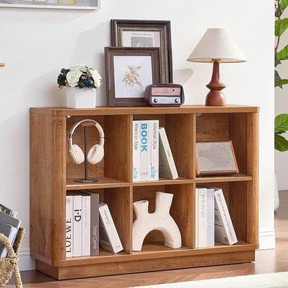 6 Cube Storage Book Shelf, 40" Wide Low Horizontal Bookcase with Curved Edge, Floor Standing 2-Tier Wooden Bookshelf with Base, Modern Short Book Case for Bedroom, Study, Entryway, Orange Oak