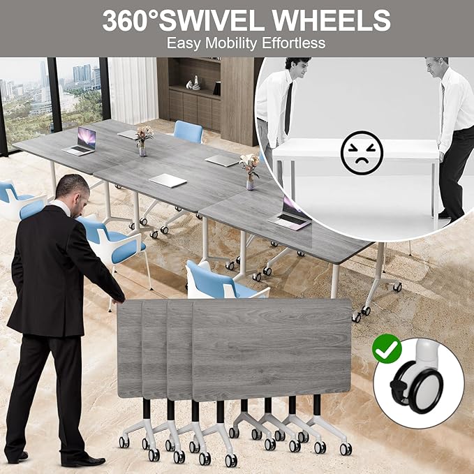 Conference Table Folding Conference Room Tables, Modern Mobile Meeting Training Table with Silent Wheels, Foldable Seminar Table for Offices, Classrooms, Libraries (4, Grey2, 70.8in)
