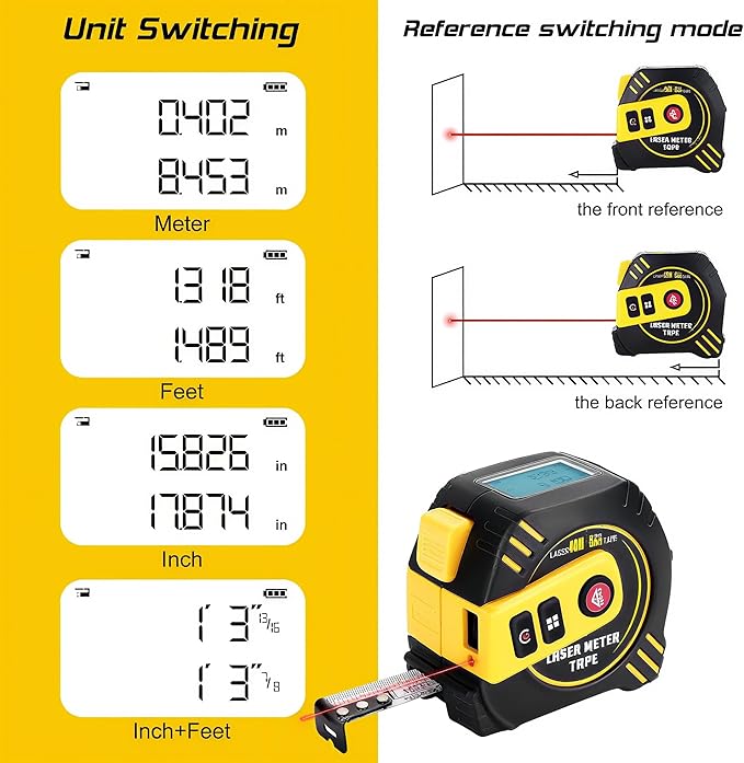 2-in-1 Laser Measure 131Ft with Movable Magnetic Hook, High Accuracy Electronic Measurement Tool for Construction, Home Improvement, Rechargeable, Pythagorean/Area/Volume, Backlit LCD, Auto-Lock