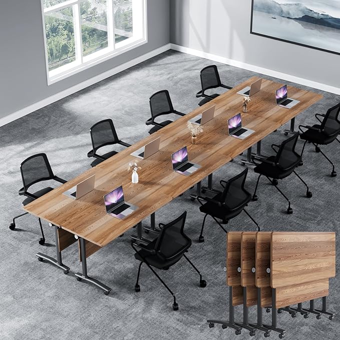 Conference Table, Foldable Conference Room Tables with Silent Wheels, Folding Modular Seminar Meeting Tables, Modern Rectangle Training Table for Office, Boardroom (4, Wood, 61.0)