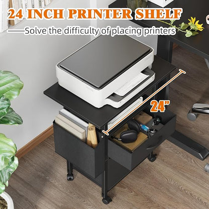 GYIIYUO 2 Drawer File Cabinet with 24'' Extended Desktop, Mobile Filing Cabinet, Rolling File Cabinet with Side Bag, Fabric Drawer, Fits A4 Size, Home Office, Black