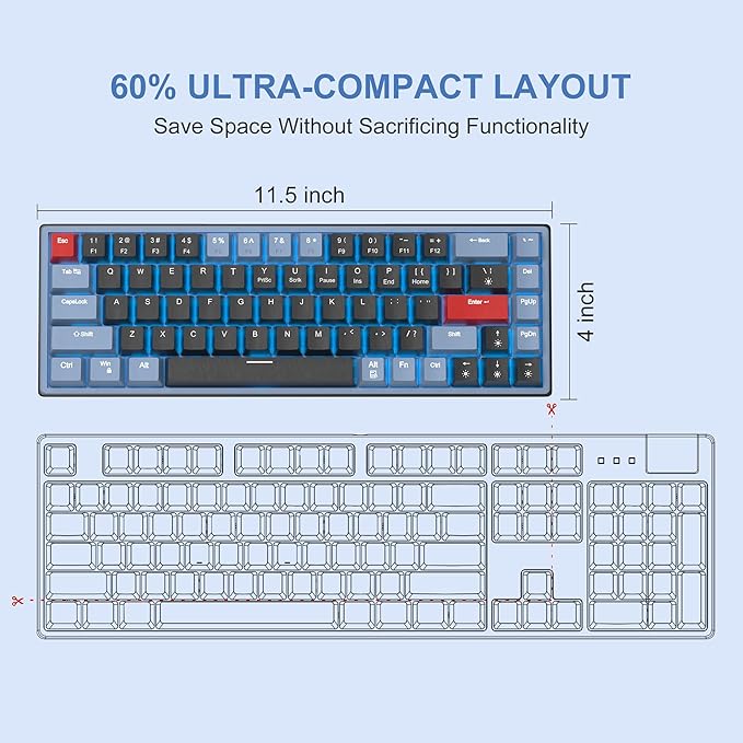 MageGee 60% Mechanical Gaming Keyboard, 68 Keys Compact Blue LED Backlit Gaming Keyboards, SKY68 Wired Ergonomic Mini Office Keyboard for Windows PC Gamer (Red Switch, Blue & Black)