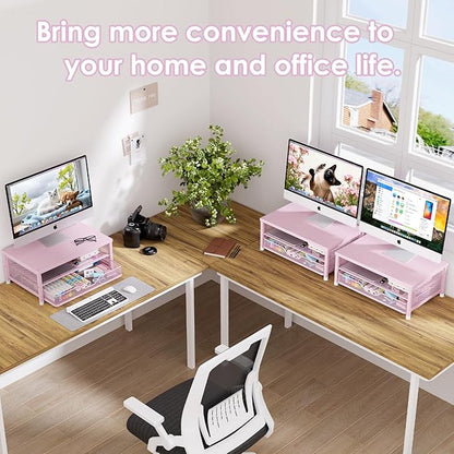 OPNICE Computer Monitor Stand Riser, Desk Organizers and Accessories with Drawer, Laptop Stand, Office Desk Accessories & Workspace Desktop Organizers Storage for Office Supplies(Pink)