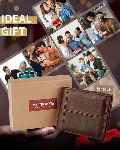 Mens Wallet Bifold Genuine Leather RFID Blocking Wallet for Men with 1 ID Window 13 Card Holders 2 cash pockets 1 Gift Box