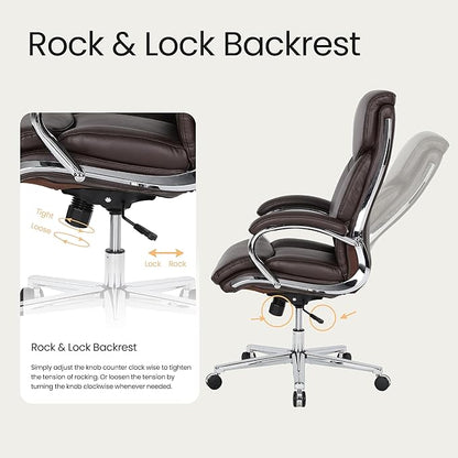 COLAMY Marcus Executive PU Leather Office Chair, High-Back Home Desk Chair Padded Seat & Back, Smooth-Rolling Casters – Luxury Ergonomic Desk Chair for Professional Workspaces (Brown)