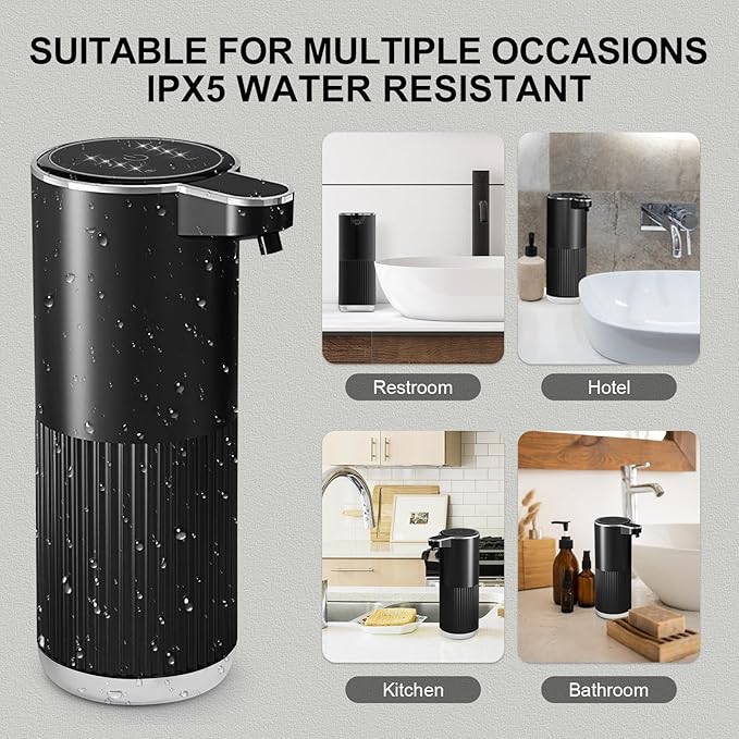 Automatic Foaming Soap Dispenser, 12.2oz/360ml Rechargeable Touchless Hand Soap Dispenser, 4 Level Adjustable with Display, Waterproof Wall Mounted Soap Dispenser for Bathroom Kitchen, Black